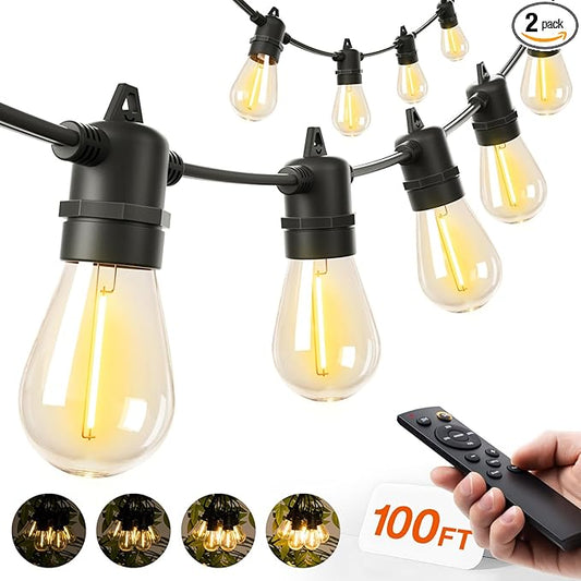 addlon 100FT LED Outdoor String Lights, Remote Dimmable Patio Lights with Timer & 3 Lighting Modes, 32 Shatterproof Edison Bulbs, Waterproof Connectable String Lights for Outside Backyard Porch Party