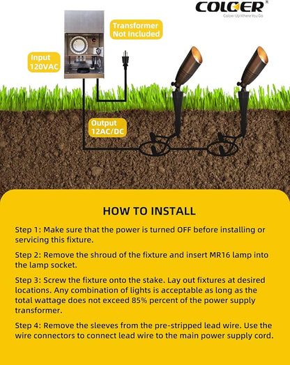 COLOER Die-cast Brass Landscape Spotlights Outdoor with 5W Aluminum Housing LED MR16 Bulb 2700K 450LM,12V AC/DC Low Voltage Lighting, Outdoor Directional Up Light, Spot Lights for Yard(102B,1 Pack)
