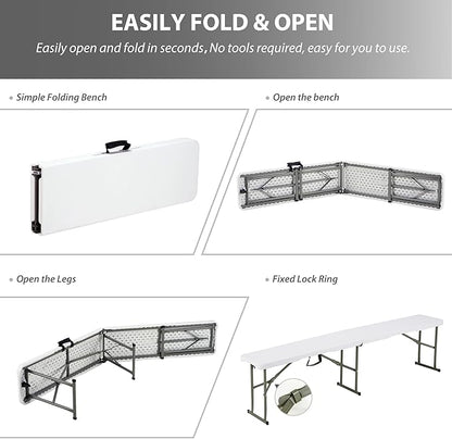 6ft Plastic Folding Bench with Carrying Handle & Lock, Portable Outdoor Bench in Garden Picnic Camping Dining Party Seat, Waterproof Bench for Soccer Activities, Firm and Durable (2Pack C)