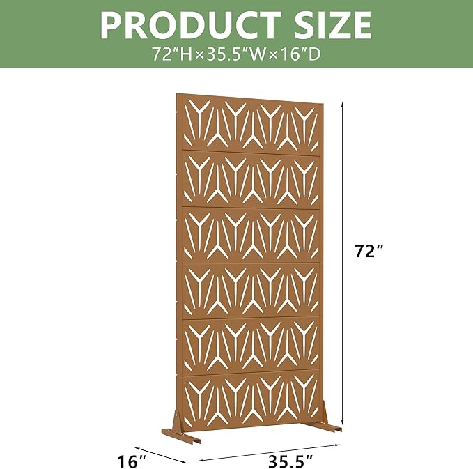 Casaphoria Metal Privacy Screen Outdoor, 72" H x 35" W Freestanding Decorative Privacy Screen for Patio Deck Balcony Garden with Stable Base, Brown-Star