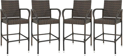 SUPER DEAL Upgraded Wicker Bar Stool Chairs Outdoor Backyard Rattan Chair w/Iron Frame, Armrest and Footrest (4)