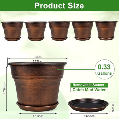 Plant Planters Pots Set of 6 Pack 6 Inch, Plastic Flower Pot For Indoor Plants With Drainage Holes & Trays, Resin Decorative Container Sets With Saucer For House Outdoor Garden Planters Dark Gold