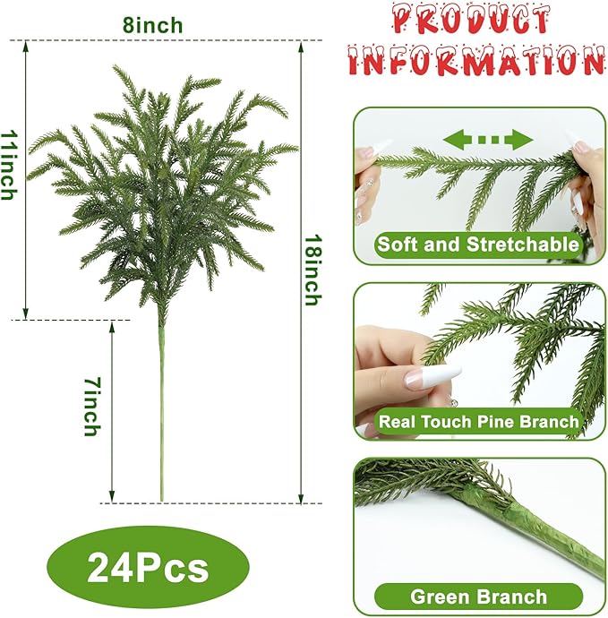 Artificial Pine Branches, 24 Pack, 18 Inch Green Polyethylene Stems