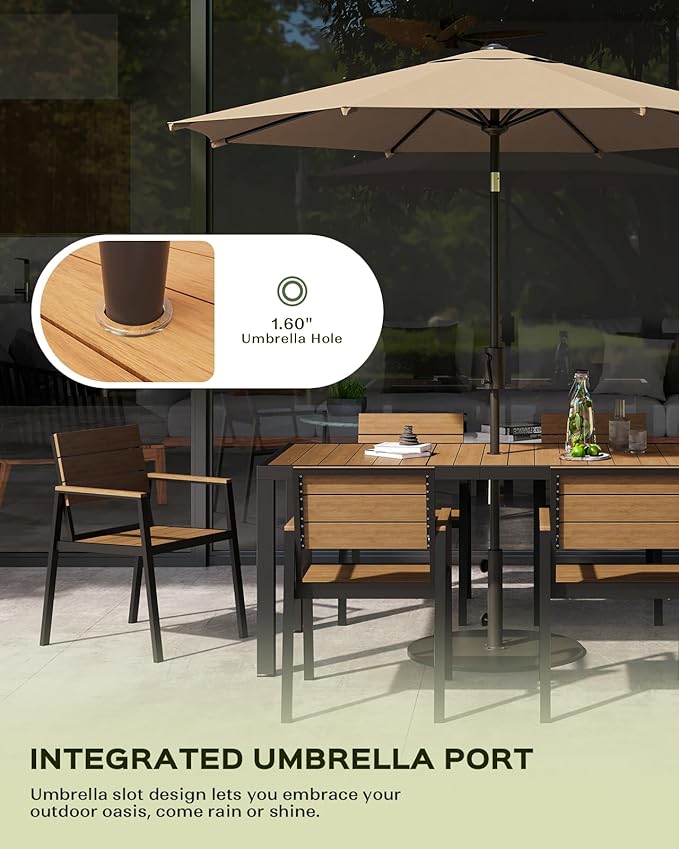 67" HDPS Outdoor Patio Dining Table, Aluminum-Edged Outdoor Dining Table with Umbrella Hole, Weather-Resistant for Lawn, Garden, Poolside and Indoor Use, Gray&Teak
