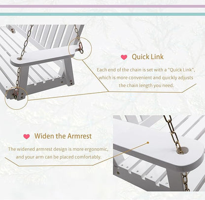 Anraja Wooden Porch Swing 2-Seater, Bench Swing with Hanging Chains, Heavy Duty 800 LBS, for Outdoor Patio Garden Yard, 4 Ft, White