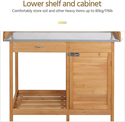 Yaheetech Outdoor Garden Potting Bench Table Work Bench Metal Tabletop W/Cabinet Drawer Open Shelf Natural Wood