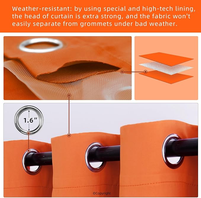 DIVA EN CAMINO DEC Outdoor Patio Curtain Waterproof Darkening Thermal Insulated Indoor Curtains for Bedroom, Porch, Living Room, Pergola, Cabana, W84 x L95, Orange, Set of 2 Panels