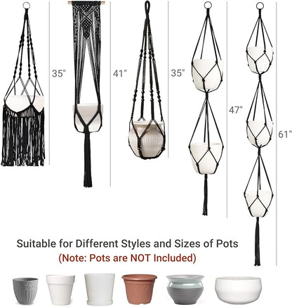 Mkono Macrame Plant Hangers, 5 Pack Different Tiers Indoor Hanging Planters Basket with 5 Hooks Decorative Flower Pots Holder Stand Boho Home Decor, Black