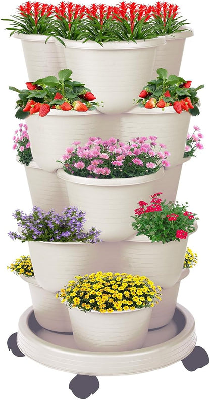 5-Tier Vertical Garden Tower Stackable Planter for Strawberries, Flowers, Vegetables & Herbs Beige