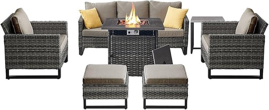 Belord 7 Pieces Patio Furniture Set with 50000BTU Propane Fire Pit Table: Wicker Patio Conversation Set with Outdoor Club Chairs Patio Couch Metal Side Table, All Weather Brown Rattan