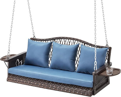 Upgraded Wicker Hanging Porch Swing Heavy Duty 900 LBS 3-Seat Outdoor Patio Swing Chair Bench for Adult w/ 8.9ft Hanging Chains Cushions and Cup Holder