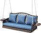 Upgraded Wicker Hanging Porch Swing Heavy Duty 900 LBS 3-Seat Outdoor Patio Swing Chair Bench for Adult w/ 8.9ft Hanging Chains Cushions and Cup Holder