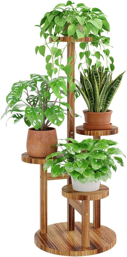 Bamworld Plant Stand Indoor Plant Shelf 4 Tier Wood Plant Stand for Multiple Plants Tall Corner Plant Stands for Outdoor Round Flower Stand Plant Holder for Living Room Patio Garden Balcony Brown