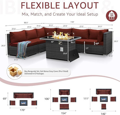 NICESOUL 7 Piece Outdoor Patio Furniture with Firepit Table Natural Gas & Propane Convertible, 29.3'' High Back L Shaped Couch Sectional, Extra Large Rattan Patio Modular Set for Backyard, Burgundy