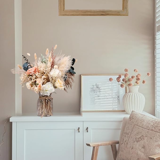 Artificial Flowers with Dried Pampas and Vase, 100 Pieces, Neutral