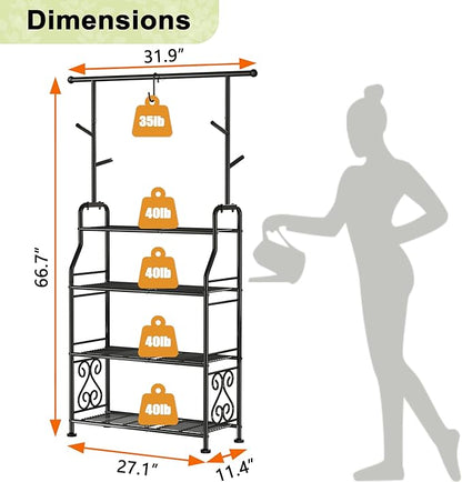 GIOTORENT Plant Stand Indoor Outdoor, 4-Tier Heavy Duty Metal Shelves, Display up to 17 Multiple Plants, Tall Plant Holder with Plant Hanger, Suit for Patio Living Room Garden Balcony, 5 Hooks, Black
