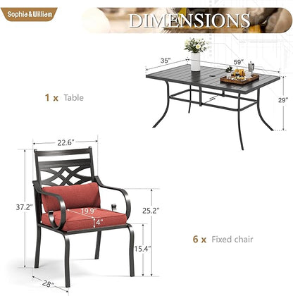 Sophia and William Patio Dining Set for 6, Outdoor Table and Chairs, Removable Red Seat Cushions, 60" Black Patio Dining Table,Red