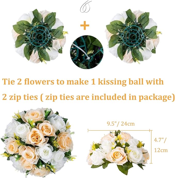 Artificial Rose Flower Balls 10 Pcs Peach Champagne White Silk