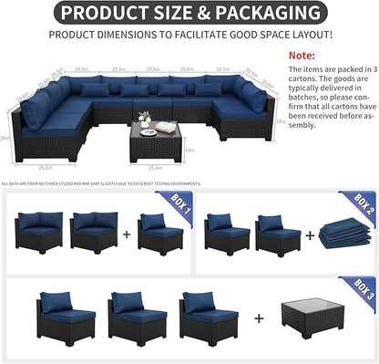 9 Pieces Outdoor Sectional All-Weather Wicker Patio Furniture Set Patio Sectional and Glass Patio Table Non-Slip Cushions and Waterproof Covers, Navy Blue