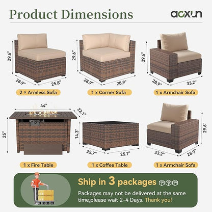 Aoxun 7 Piece Patio Furniture Set with Wide Armrests & 44” Fire Pit Table Wicker Rattan Outdoor Sectional Sofa Set with Coffee Table and Thickened Cushions, Brown/Beige(Waterproof Cover Included)