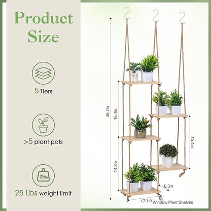 Novabright Window Hanging Plant Shelf with Wooden Shelves Macrame Rope Hanging Plant Stand with 3 S Hooks for Indoor Outdoor Bedroom Window Sill Balcony Boho Decor (Natural Wood Color,1 Pcs)