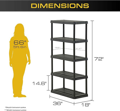 CX 5-Tier Heavy Duty Plastic Storage Shelves that Support up to 150lbs/shelf, Organization and Storage, Weather-Resistant Design, Easy Assembly, Black (72”H x 36”W x 18”D)