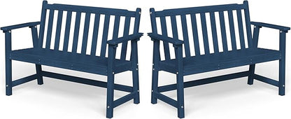 Ciokea 48" Outdoor Bench Set of 2, HDPE Weatherproof Garden Bench, 2-Person Memorial Benches with 550 Lbs, Waterproof Patio Porch Benches for Outside Business Deck Office Backyard Balcony, Navy Blue