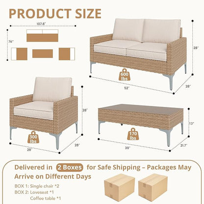 4-Piece Patio Furniture Set, Outdoor Wicker Sectional Sofa with Coffee Table, Anti-Slip & Thick All-Weather Cushions for Garden, Poolside, Backyard, Beige