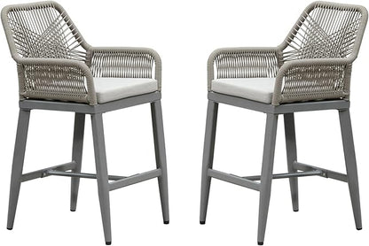 PURPLE LEAF Outdoor 24" Counter Height Bar Stools Chair Set of 2, All Weather Rattan and Aluminum Patio Bar Stool with Cushion for Indoor and Outdoor, Kitchen Island, Light Grey