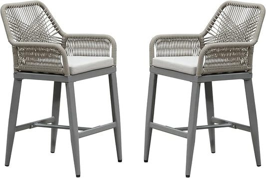 PURPLE LEAF Outdoor 24" Counter Height Bar Stools Chair Set of 2, All Weather Rattan and Aluminum Patio Bar Stool with Cushion for Indoor and Outdoor, Kitchen Island, Light Grey