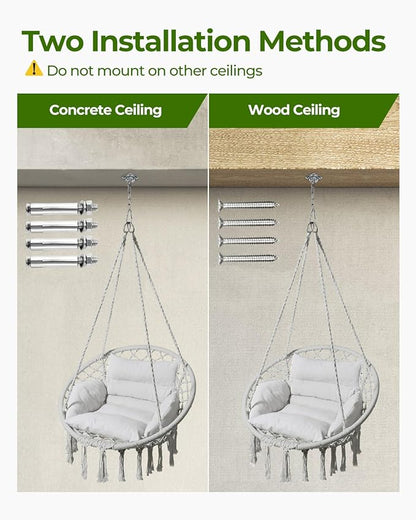 Greenstell Hammock Chair, Macrame Swing Chair with Comfy Cushion, Boho Hanging Chair for Outdoor & Indoor, Perfect for Bedroom, Patio, Balcony, Hold up to 350Lbs, Grey