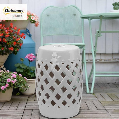 Decorative Garden Stool, White Ceramic Woven Lattice Accent Seat