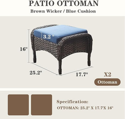 Belord Outdoor Ottomans for Patio Foot Rest - 25 Inch PE Wicker Foot Stool Set of 2 with Removable Cushions for Patio Furniture Sets,All Weather Rattan Ottoman for Balcony Deck Backyard Brown