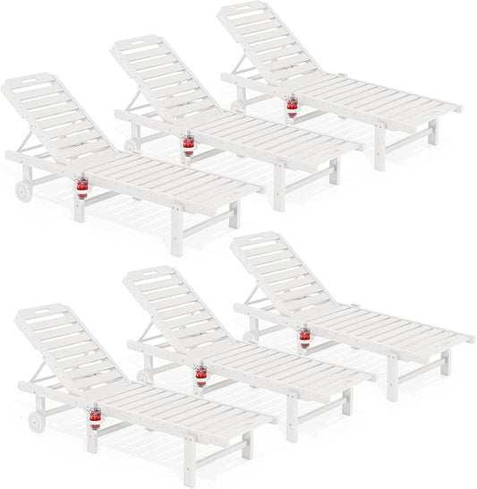SERWALL Outdoor Chaise Lounge Set of 6, HDPE Pool Lounge Chair with 5-Position Adjustable Backrest, Patio Lounger with Rolling Wheels & Cup Holder for Pool, White