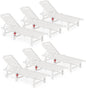 SERWALL Outdoor Chaise Lounge Set of 6, HDPE Pool Lounge Chair with 5-Position Adjustable Backrest, Patio Lounger with Rolling Wheels & Cup Holder for Pool, White