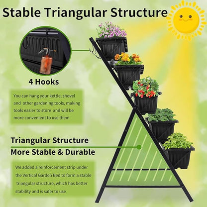 Homdox 3.74FT Vertical Garden Bed, 5 Tiers Vertical Raised Garden Planter, 23 * 26 * 45Inch Outdoor Garden Raised Bed with 4 Hooks, Vegetable Flower Planter Raised Stand for Garden Patio Yard, Black