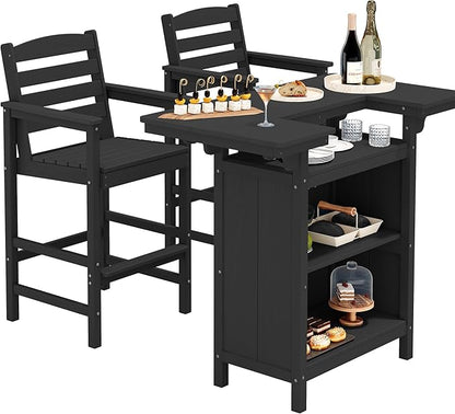 SERWALL Outdoor Bar Table Set (1 Table with 2 Chairs) – HDPE Black Patio Bar Cabinet with 4-Tier Storage & Spacious Tabletop, Perfect for Outdoor, Poolside, Backyard