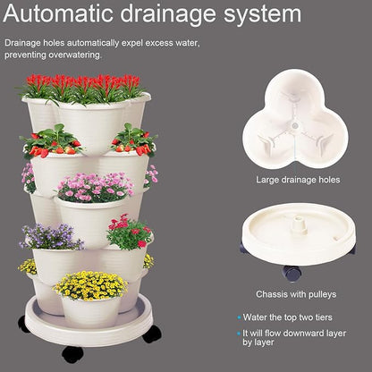 5-Tier Vertical Garden Tower Stackable Planter for Strawberries, Flowers, Vegetables & Herbs Beige