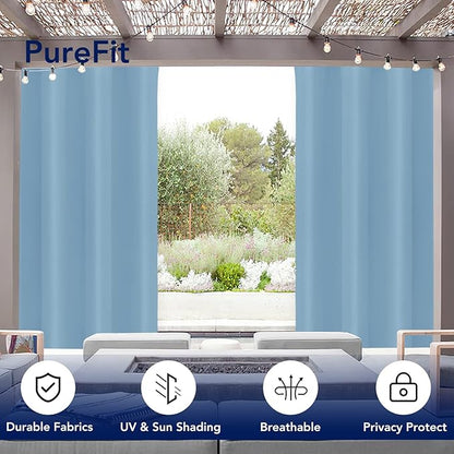 PureFit Outdoor Curtains for Patio Waterproof Weatherproof, UV Resistant Outside Curtains for Gazebo, Front Porch, Pergola, Sun Blocking Privacy Curtain, 52W x 95L inch, 1 Panel, Sky Blue