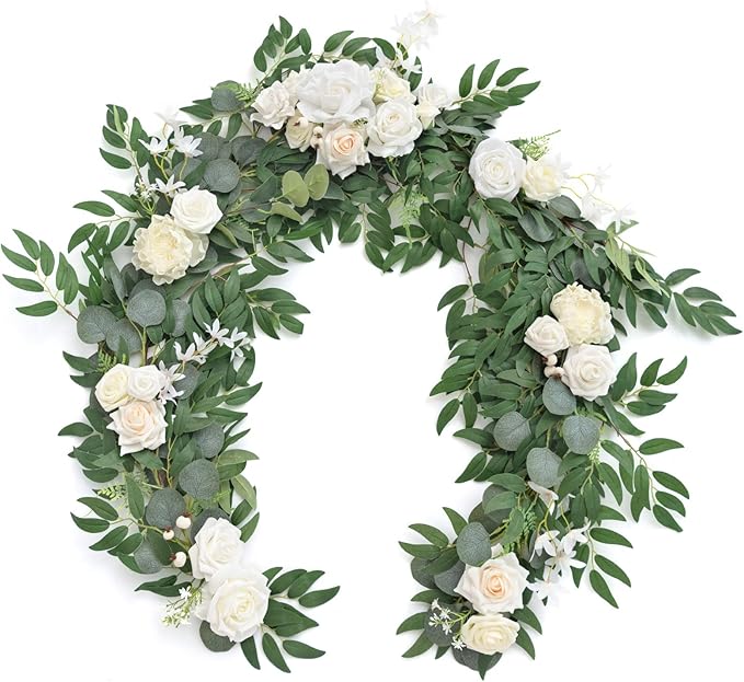Artificial Flower Garland, 6 Ft Eucalyptus and Rose Ivory White Wedding Decor