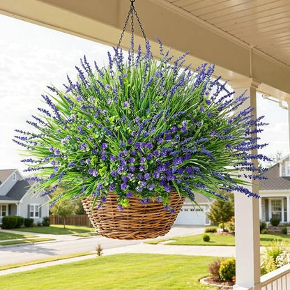 HyeFlora 20 Bundles Artificial Fake Outdoor Plants Flowers for Spring Decoration, UV Resistant Realistic Purple Plastic Flowers Faux Plant Monkey Grass for Planter Home Garden Porch Patio Window Box