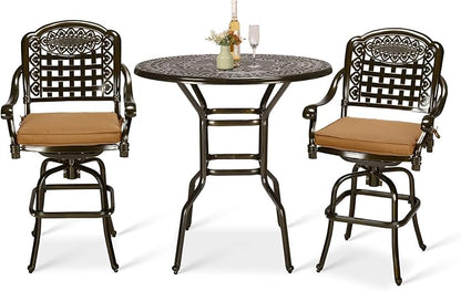 VIVIJASON 3-Piece Outdoor Swivel Bar Stools Set, All Weather Cast Aluminum Patio Bar Height Bistro Set with 2 Cushioned Bar Chairs & 38.5" High Bar Table w/Umbrella Hole for Backyard, Lawn, Garden
