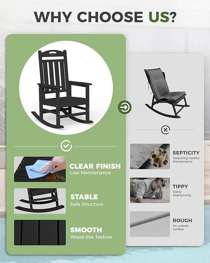 Rocking Chair, Outdoor HDPE Rocker in Black with 30-Inch High Back