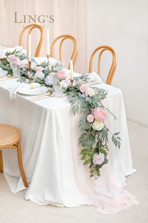Artificial Flower Garland, 6 Ft Blush and Cream Eucalyptus Rose Runner