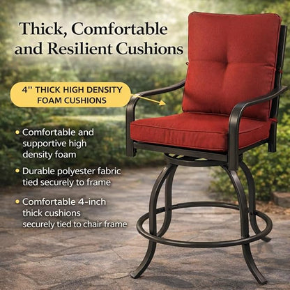Kozyard Isabella Outdoor Swivel Bar Chairs, Counter Height Patio Bar Stools Set of 2 with Cushioned Seats, All-Weather Metal Bistro Chairs for Backyard Dining (Burgundy, with Cushion)