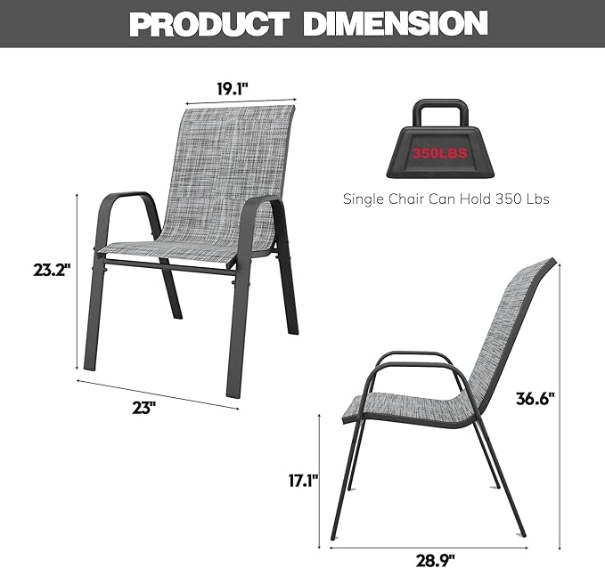 Stackable Patio Dining Chairs, Set of 4 in Grey Textilene Mesh