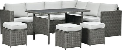 Outsunny 7 Piece Rattan Outdoor Patio Furniture Set, L-Shaped Sectional Sofa Conversation Set with Loveseats, Ottomans, Dining Table, Cushions, Storage, Mixed Gray