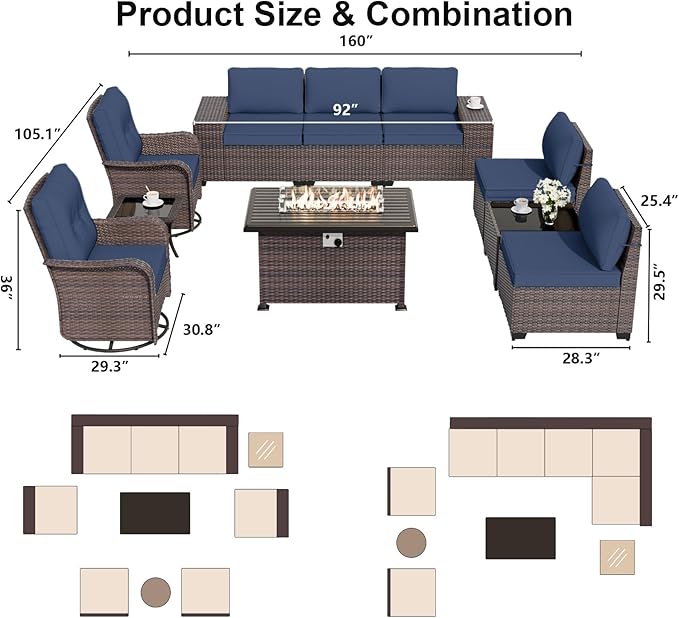 ALAULM 10 Pieces Patio Furniture Set with 2 Swivel Chairs Patio Furniture Outdoor Sectional Sofas with 55000 Gas Fire Pit Patio Conversation Set w/7 Cushions-Dark Blue