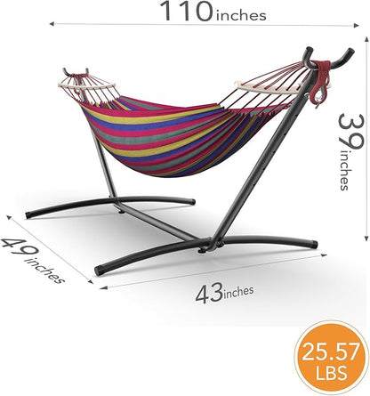 Double Hammock with Heavy-Duty Steel Stand,Portable,Easy Assembly,600lbs Weight Capacity,Suit for Indoor,Yard,Camping,or Outdoor-Wide Red