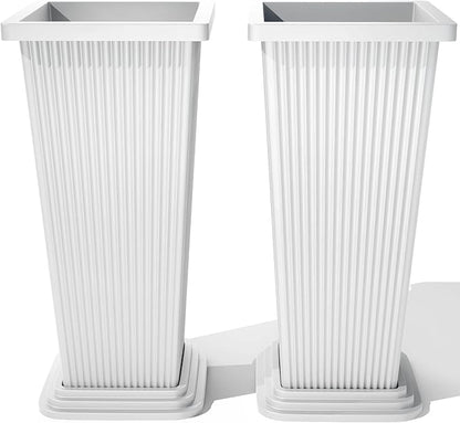 FENCY Set of 2 Tall Planters for Outdoor Plants, 24 Inch Large Tapered Pots with Drainage Trays, Weather-Resistant Plastic Plant Containers for Patio, Porch, Garden, Front Door Decor,White, Striped